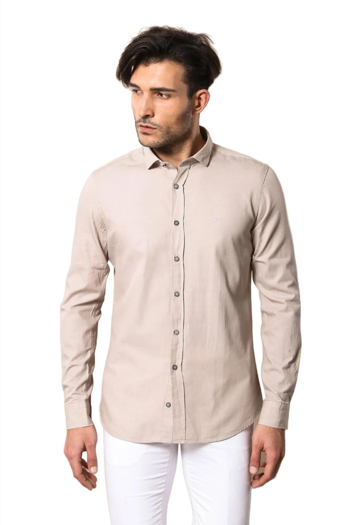 Patterned Cotton Slim Fit Beige Shirt - Wessi sold by Wessi