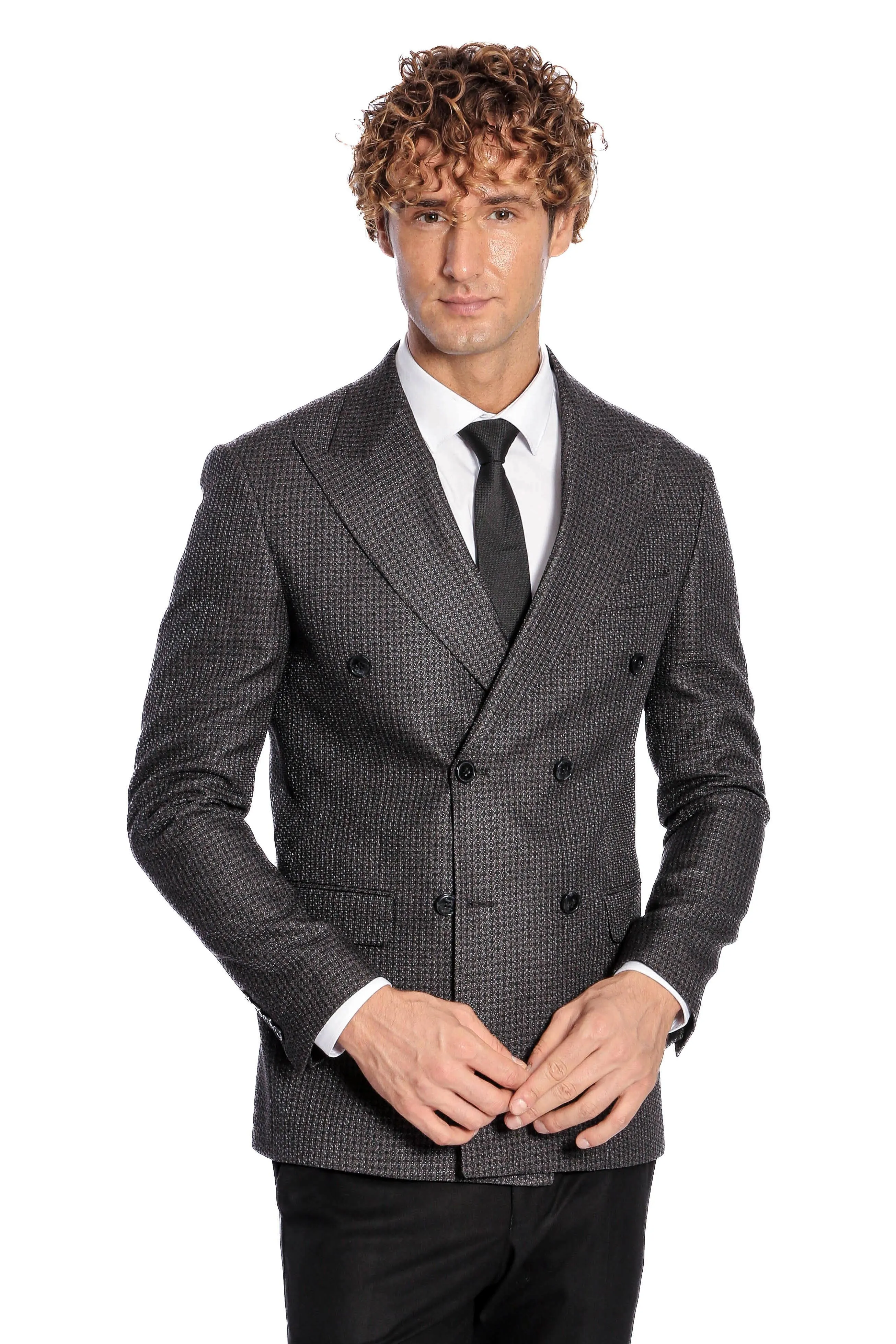 Houndstooth Patterned Grey Men Double Breasted Blazer - Wessi sold by Wessi