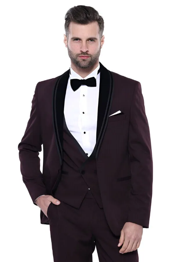 Detachable Velvet Lapel Burgundy Tuxedo - Wessi sold by Wessi