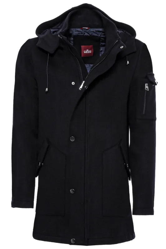 Hooded Cachet Hidden Zippered Navy Coat - Wessi sold by Wessi