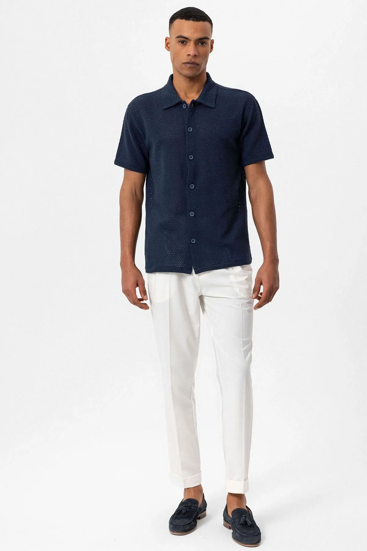 Men's Navy Blue Navy Textured Short-Sleeve Shirt - Wessi sold by Wessi product image thumbnail 3