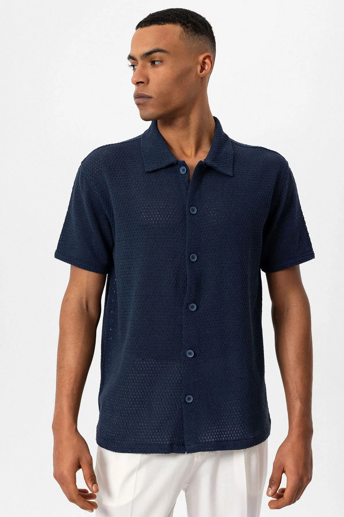 Men's Navy Blue Navy Textured Short-Sleeve Shirt - Wessi sold by Wessi