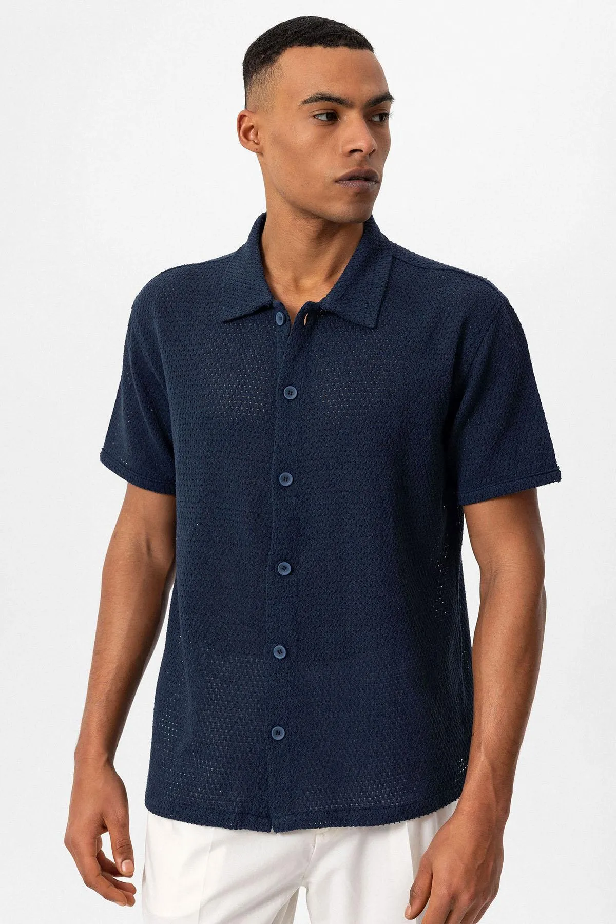 Men's Navy Blue Navy Textured Short-Sleeve Shirt - Wessi sold by Wessi product image thumbnail 4