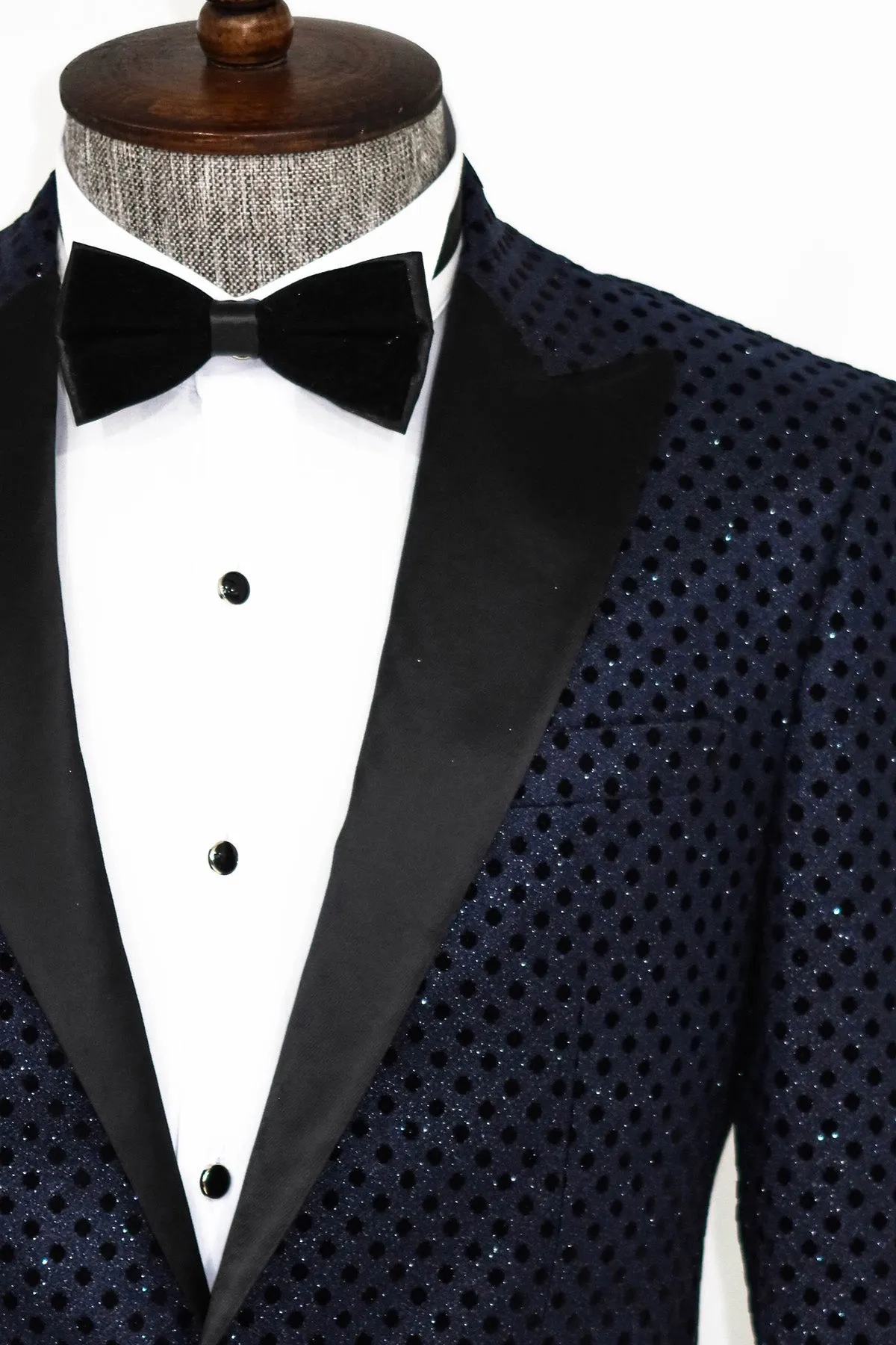 Sequin Dot Patterned Navy Blue Men Tuxedo Blazer - Wessi sold by Wessi product image thumbnail 2
