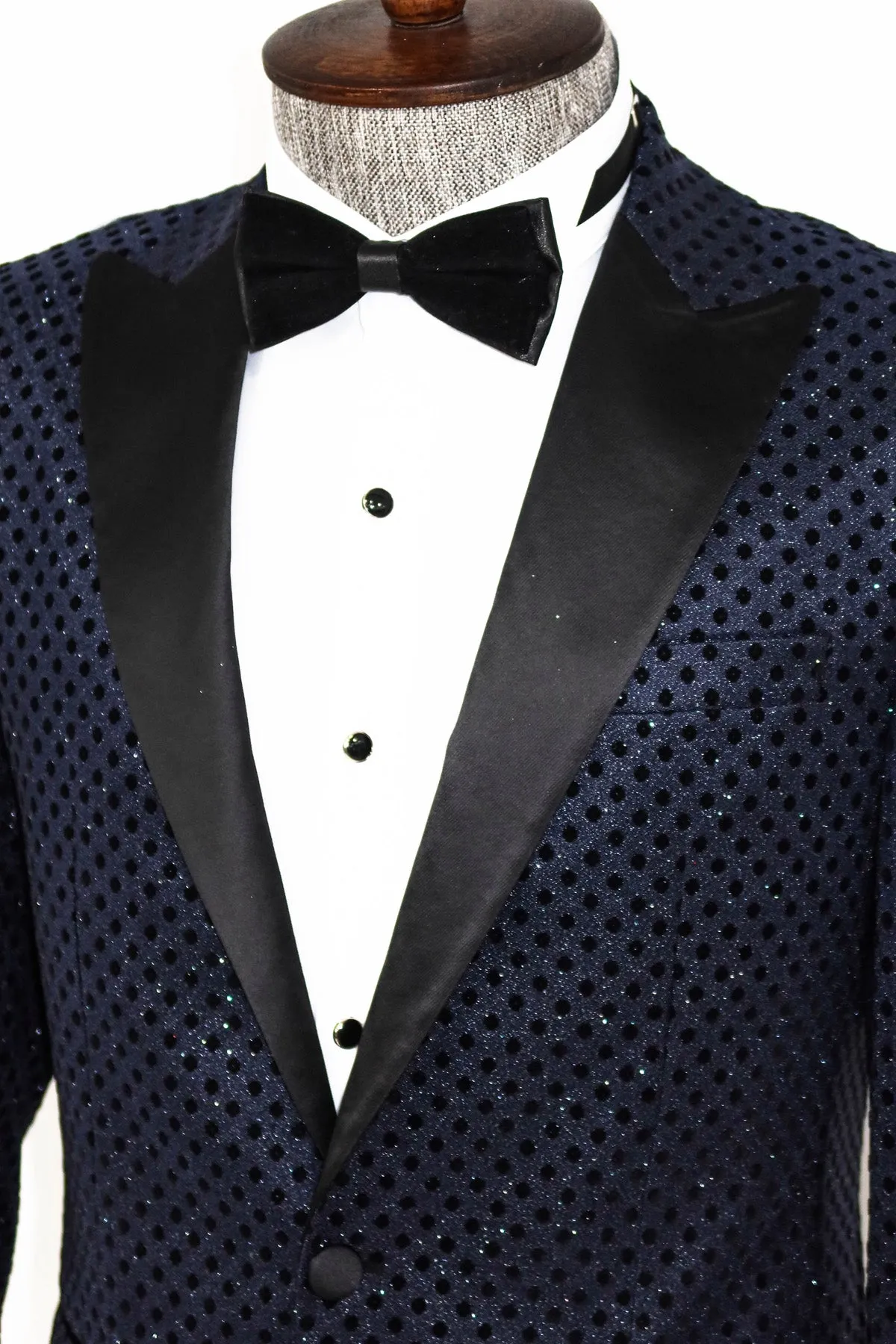 Sequin Dot Patterned Navy Blue Men Tuxedo Blazer - Wessi sold by Wessi product image thumbnail 5