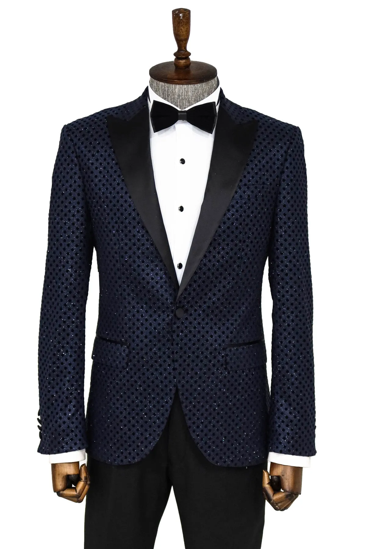 Sequin Dot Patterned Navy Blue Men Tuxedo Blazer - Wessi sold by Wessi