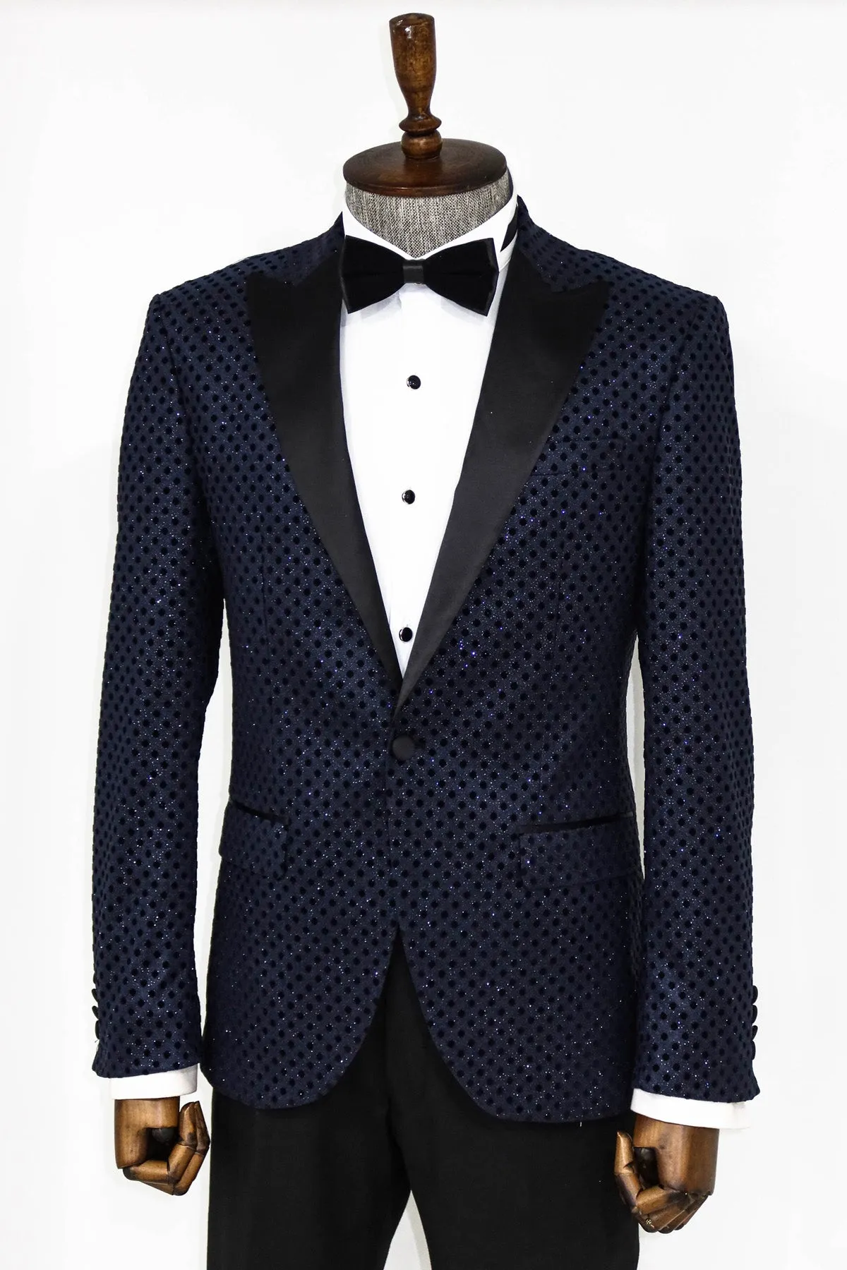 Sequin Dot Patterned Navy Blue Men Tuxedo Blazer - Wessi sold by Wessi product image thumbnail 3