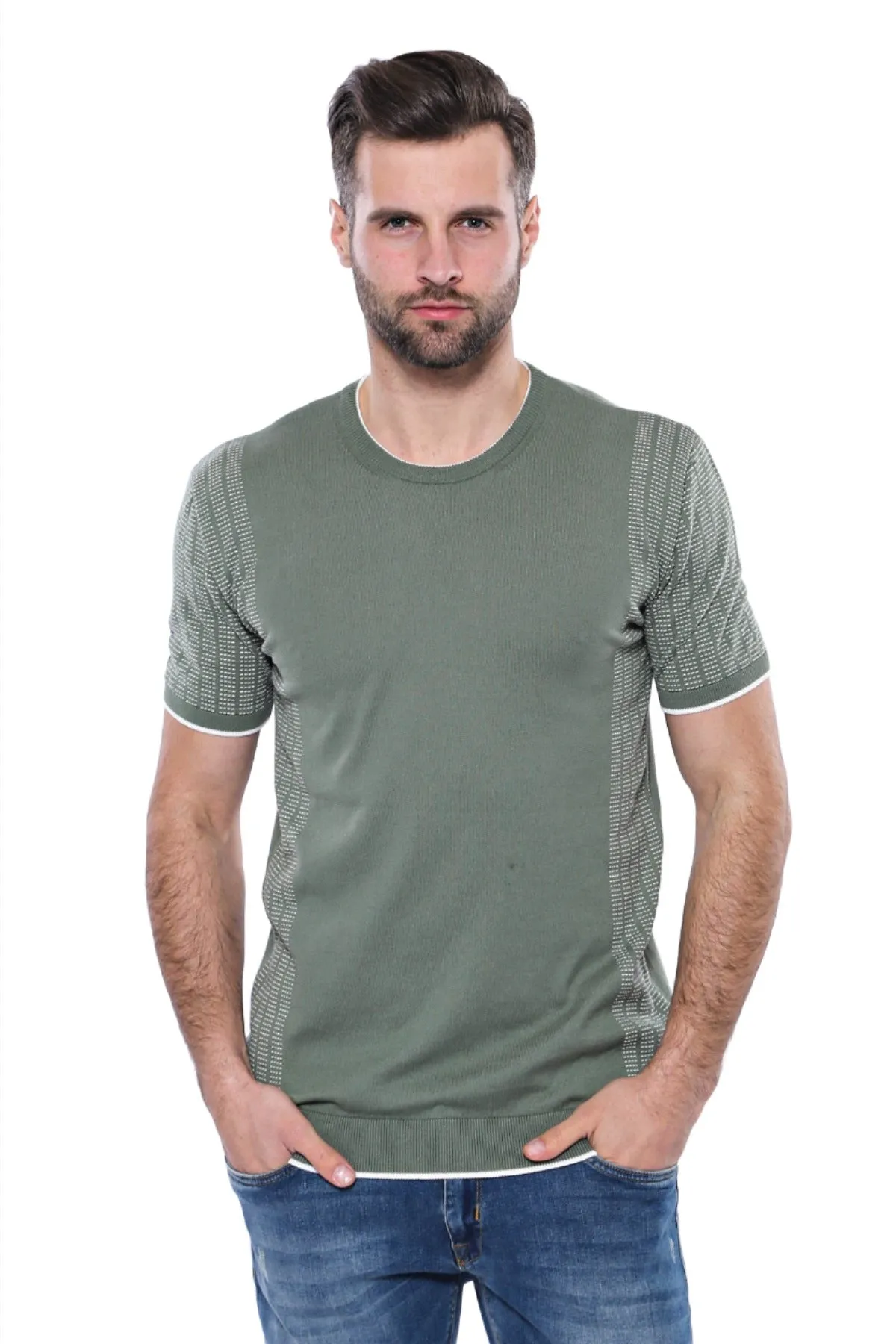 Circle Neck Patterned Green Knitted T-Shirt - Wessi sold by Wessi