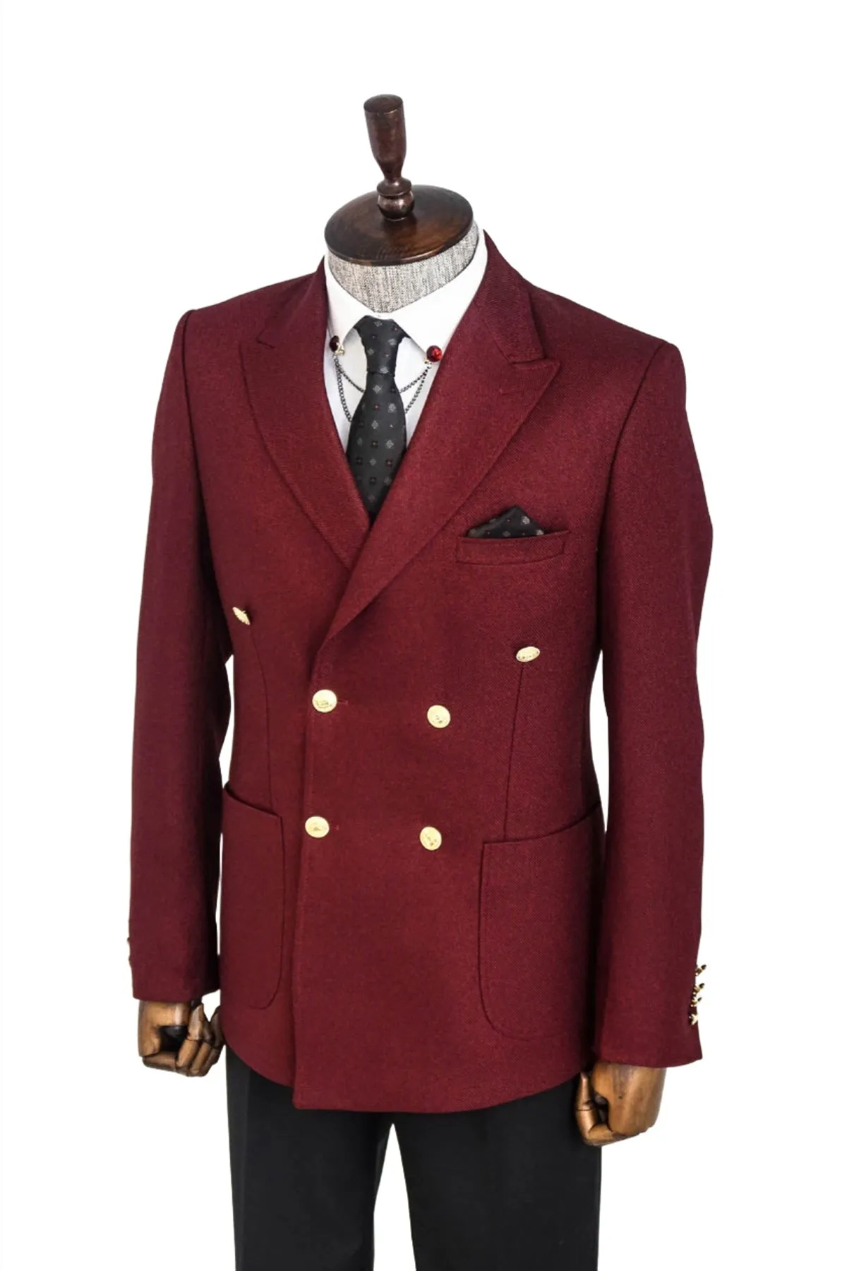 Double Breasted Slim Fit Burgundy Men Blazer - Wessi sold by Wessi product image thumbnail 4
