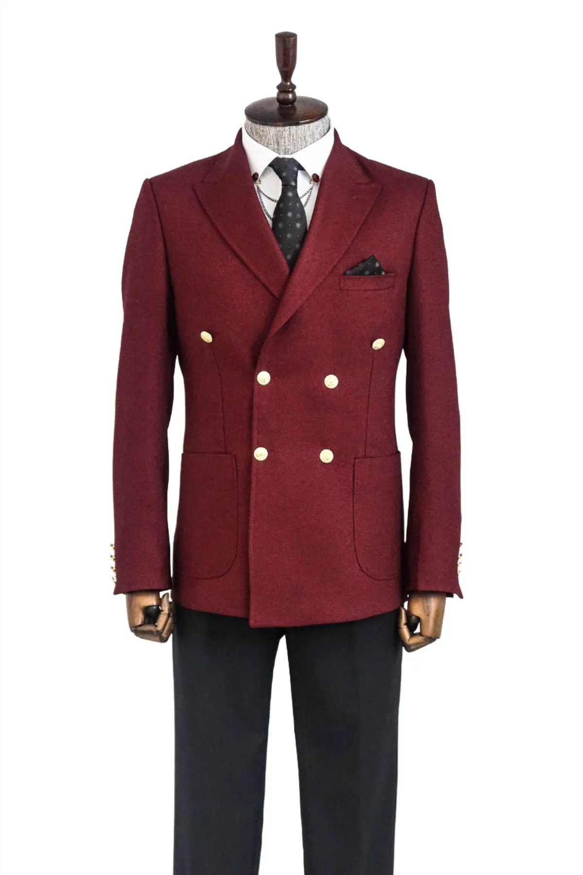 Double Breasted Slim Fit Burgundy Men Blazer - Wessi sold by Wessi product image thumbnail 3