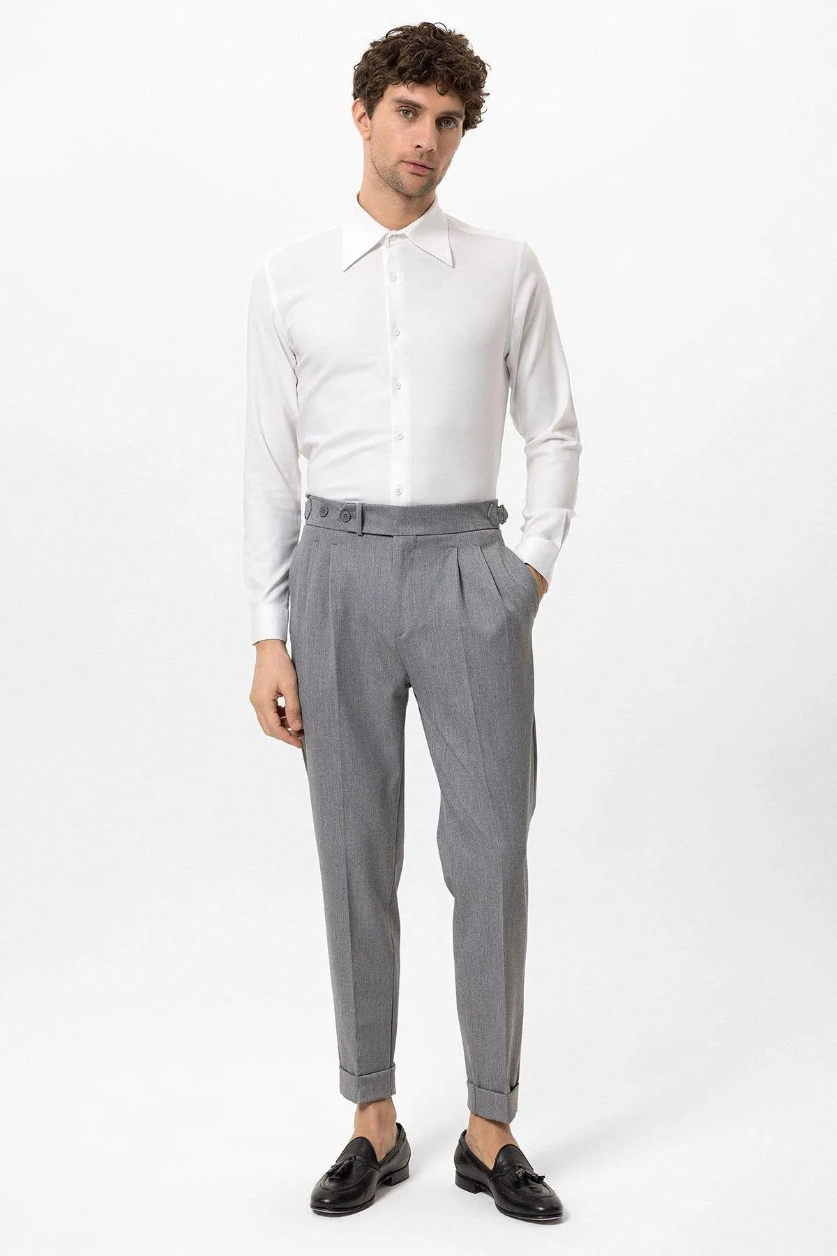 Grey High Waist Pleated Carrot Fit Men's Trousers - Wessi sold by Wessi product image thumbnail 3