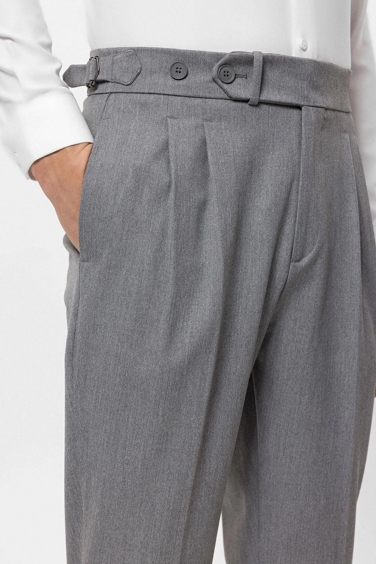 Grey High Waist Pleated Carrot Fit Men's Trousers - Wessi sold by Wessi product image thumbnail 4