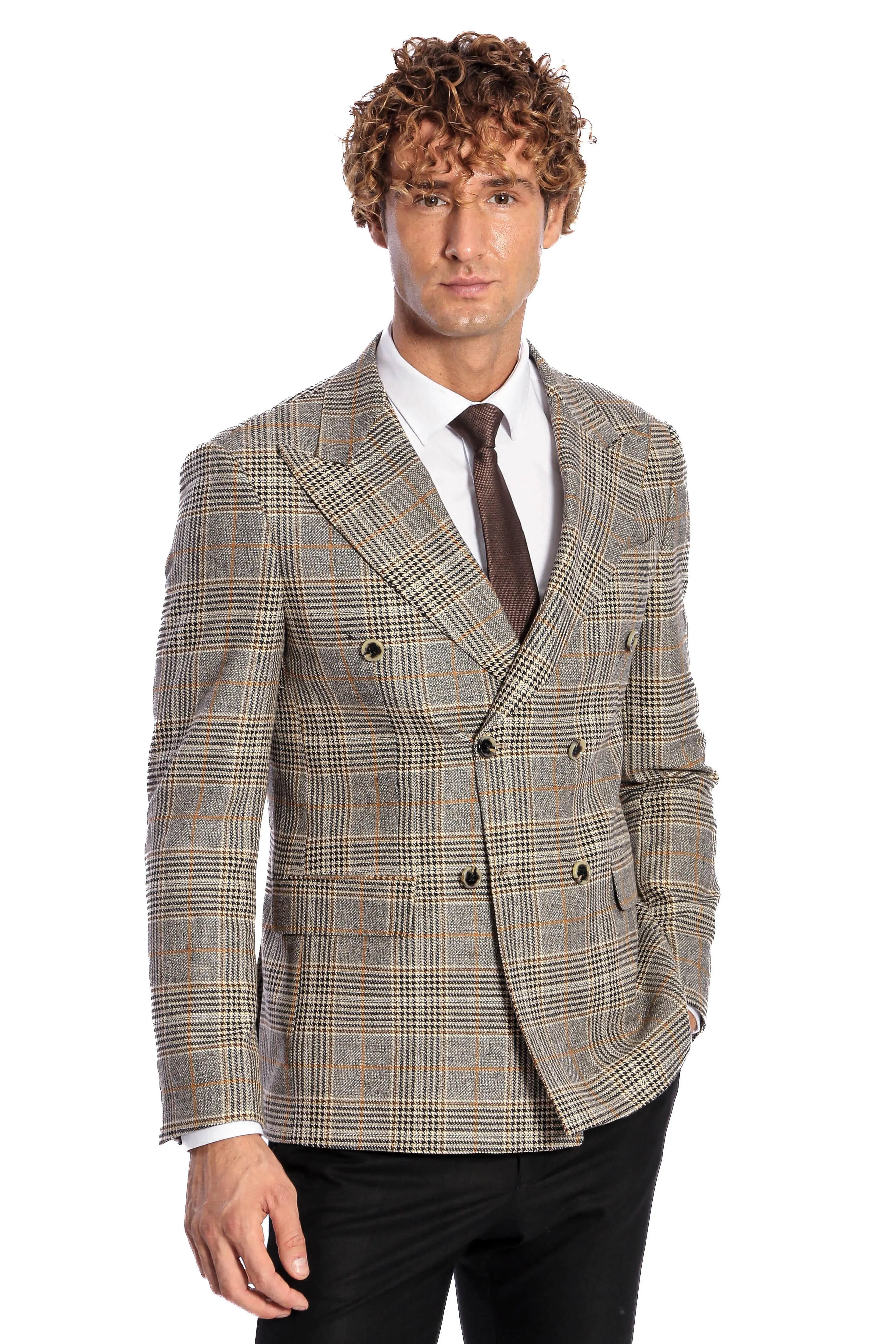 Double Breasted Checked Grey Men Blazer - Wessi sold by Wessi