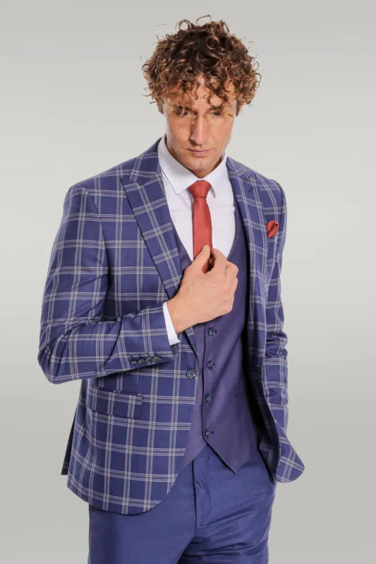Slim Fit Vested Peak Lapel Checked Navy Blue Men Combination Suit sold by Wessi