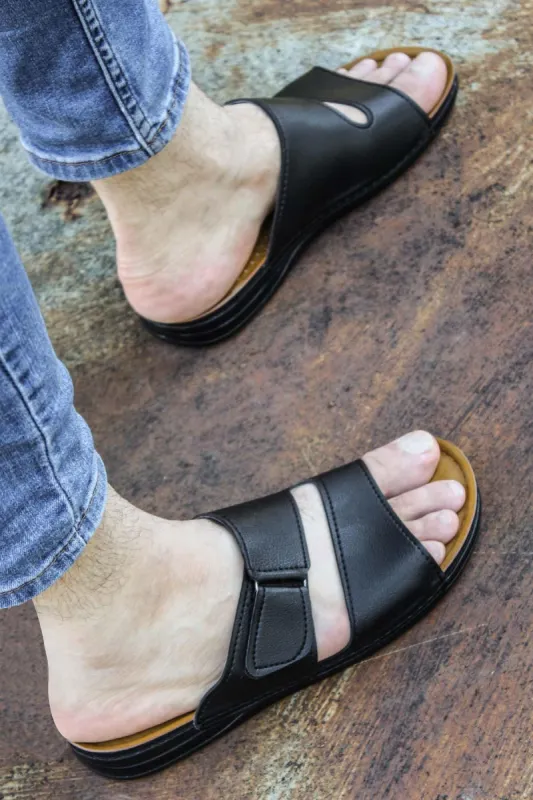 Men's Black Leather Slide Sandals with Cutout Design - Wessi sold by Wessi