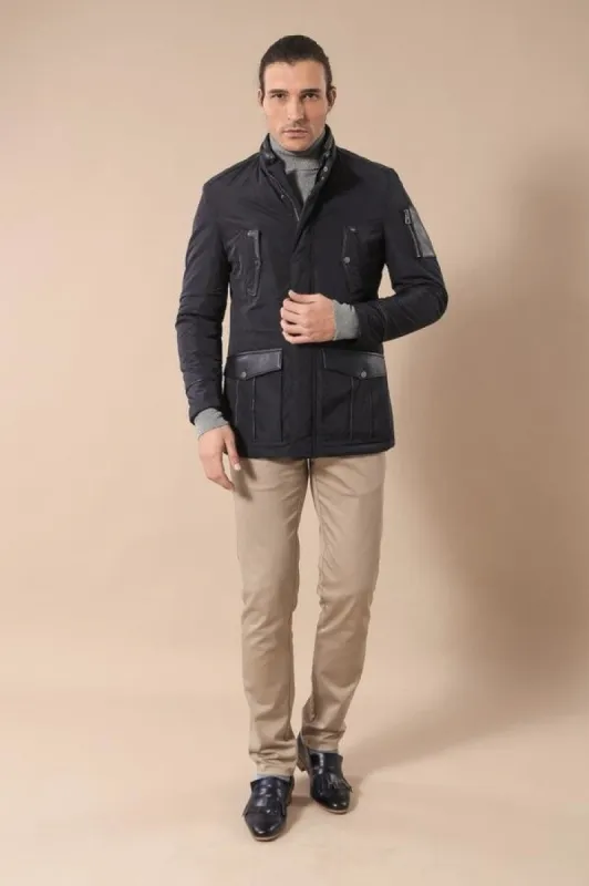 Leather Modeled Navy Blue Slim Fit Quilted Jacket - Wessi sold by Wessi
