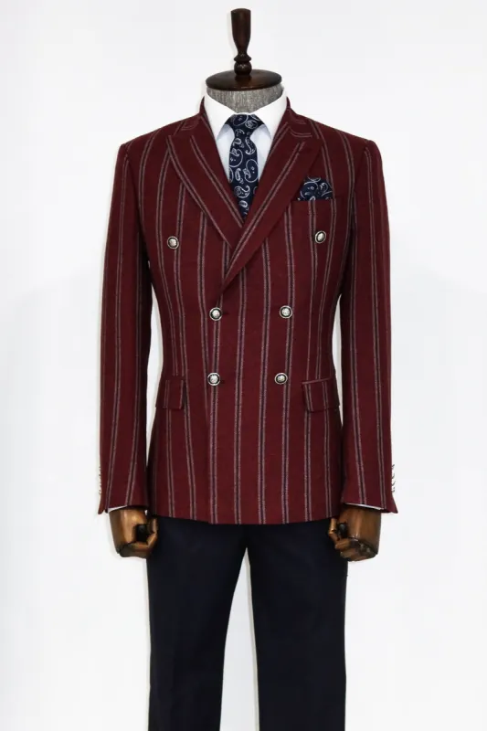 Wide Lapel Striped Double Breasted Burgundy Men Blazer and Trousers Combination - Wessi sold by Wessi