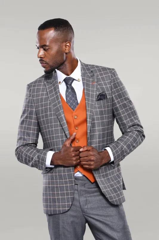 Orange Vested Checked Grey Men Suit - Wessi sold by Wessi