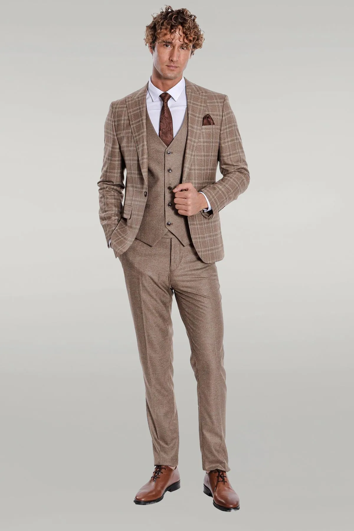 Checked Slim Fit Light Brown Men Suit - Wessi sold by Wessi product image thumbnail 2