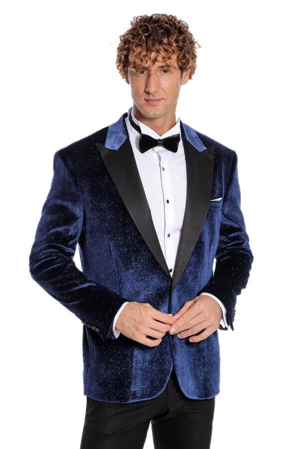 Sparkle Slim Fit Velvet Navy Blue Men Wedding Tuxedo Blazer - Wessi sold by Wessi