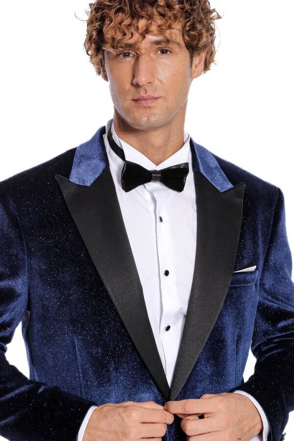 Sparkle Slim Fit Velvet Navy Blue Men Wedding Tuxedo Blazer - Wessi sold by Wessi product image thumbnail 3