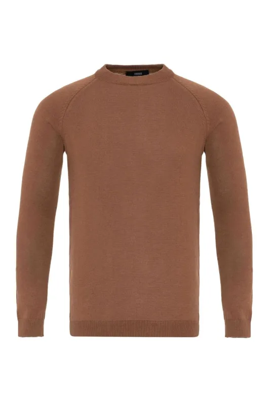 Brown Crew Neck Slim Fit Knitwear Sweater - Wessi sold by Wessi