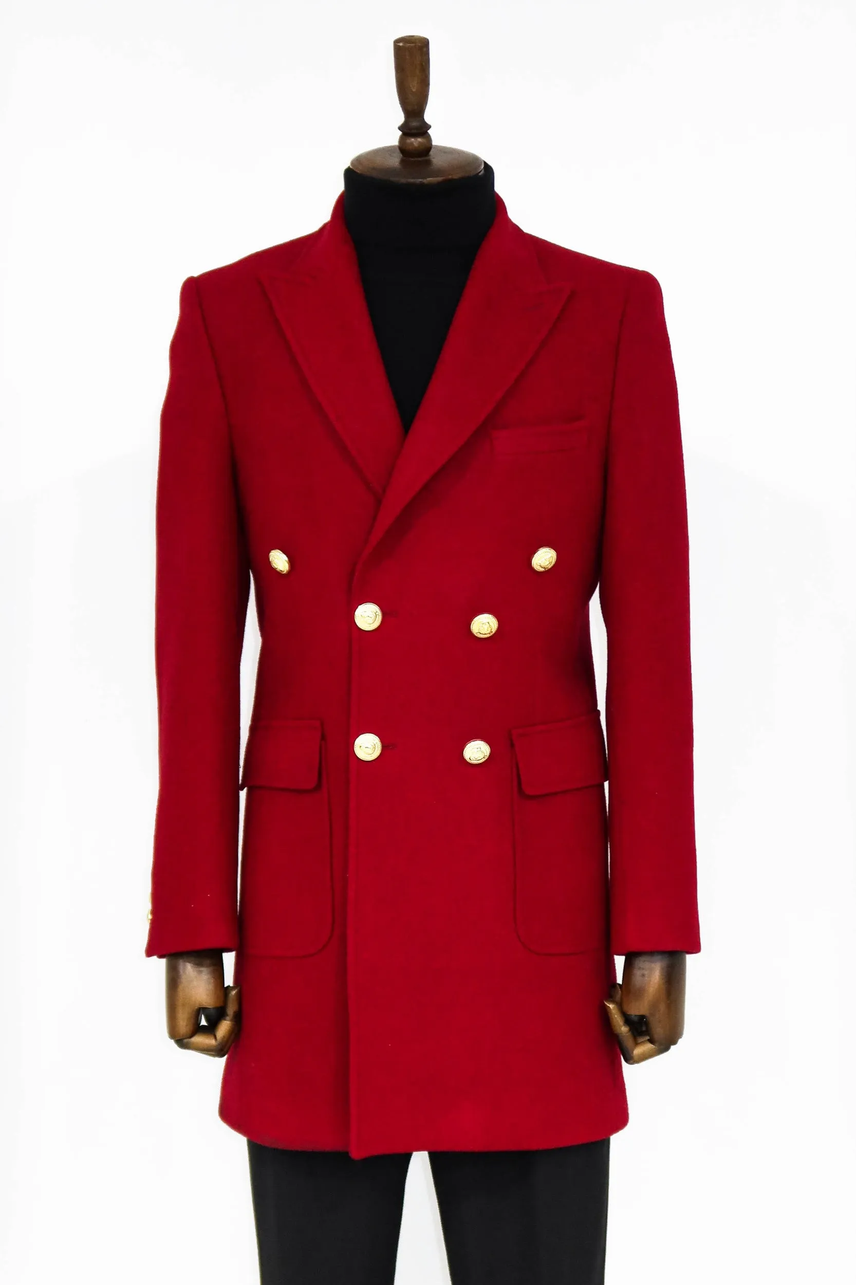 Metal Buttoned Double Breasted Burgundy Men Coat - Wessi sold by Wessi