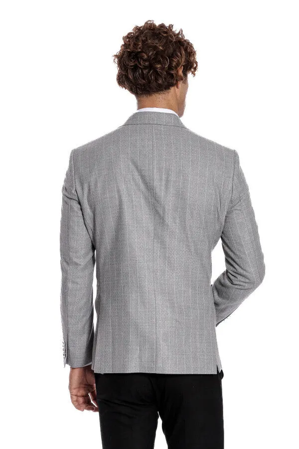 Double Breasted Slim Fit Striped Grey Men Blazer - Wessi sold by Wessi product image thumbnail 4