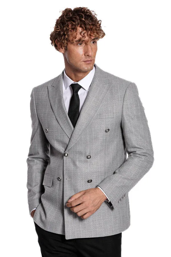 Double Breasted Slim Fit Striped Grey Men Blazer - Wessi sold by Wessi product image thumbnail 5