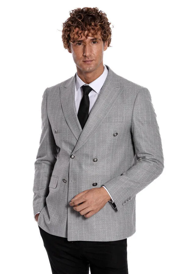 Double Breasted Slim Fit Striped Grey Men Blazer - Wessi sold by Wessi