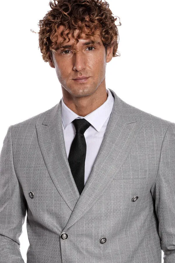 Double Breasted Slim Fit Striped Grey Men Blazer - Wessi sold by Wessi product image thumbnail 2