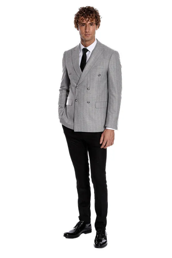 Double Breasted Slim Fit Striped Grey Men Blazer - Wessi sold by Wessi product image thumbnail 3