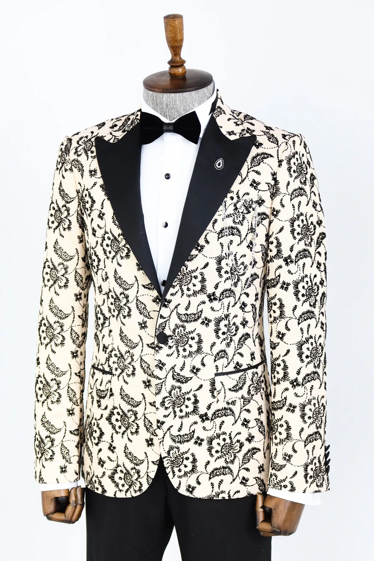 Floral Patterned Peak Lapel Cream Men Wedding Blazer - Wessi sold by Wessi