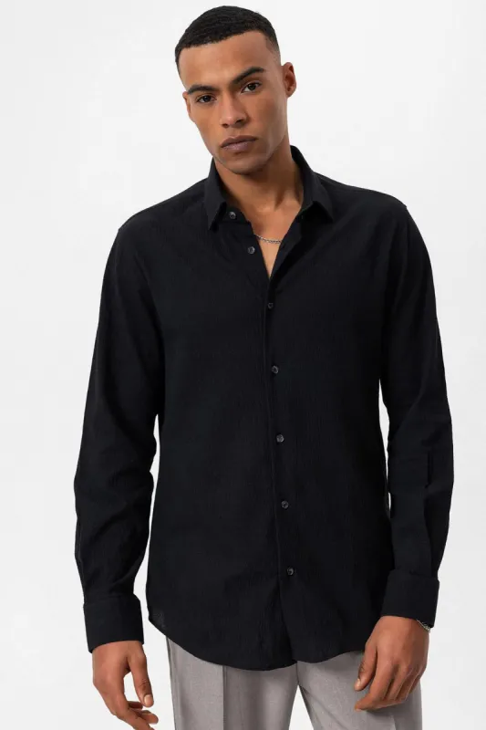Men's Black Textured Regular Fit  Shirt - Wessi sold by Wessi