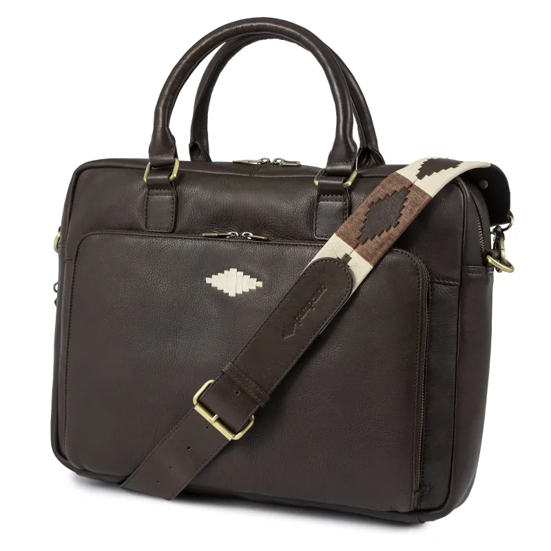 Mensajero Briefcase - Brown Leather with Cream Stitching made by Pampeano