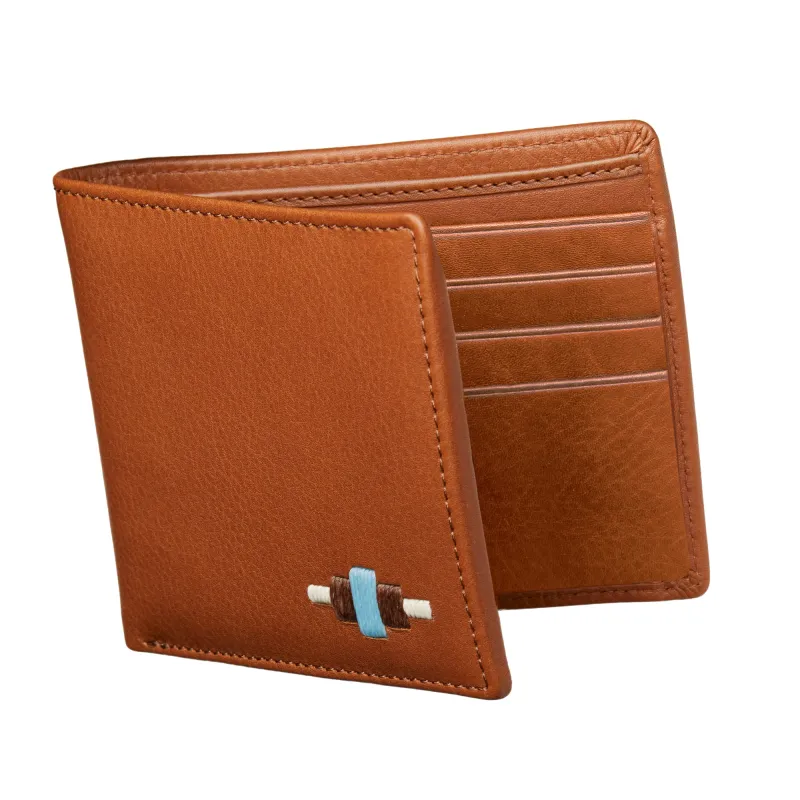 Dinero card wallet - tan leather with light blue, light brown and cream stitching made by Pampeano