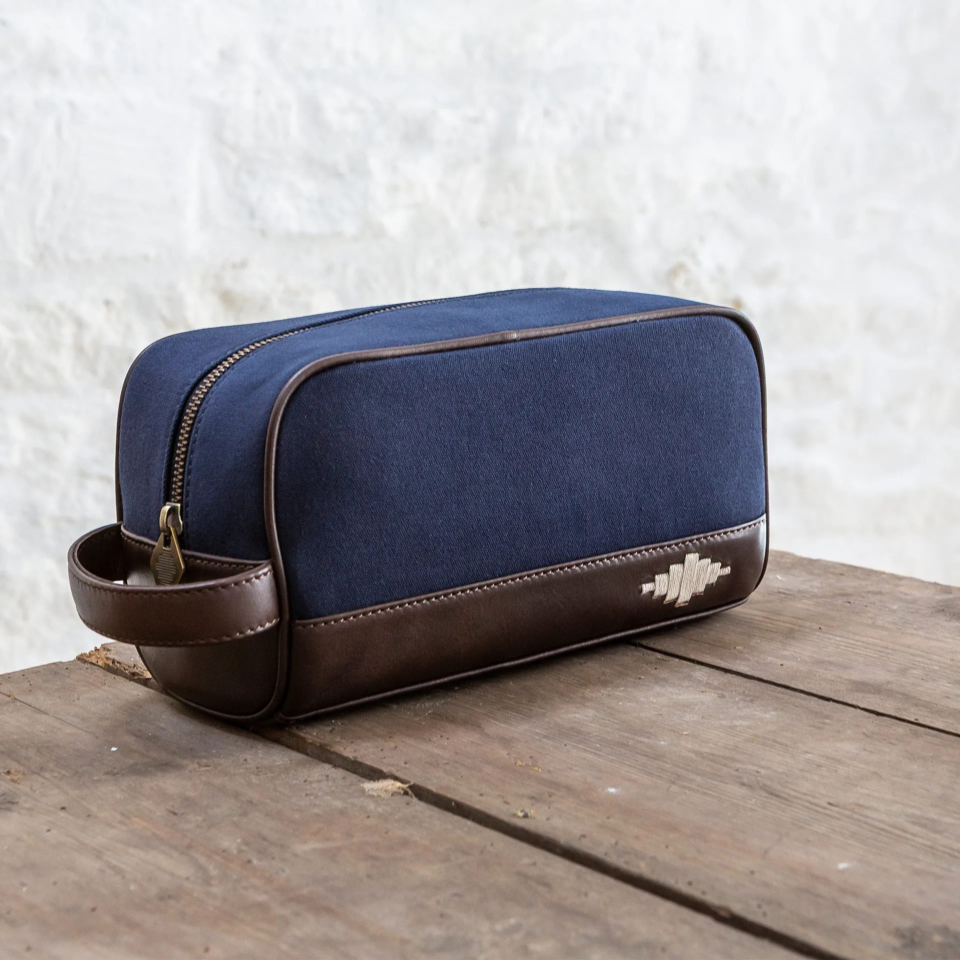 Hombre washbag - brown leather and navy canvas with cream stitching sold by Pampeano product image thumbnail 2