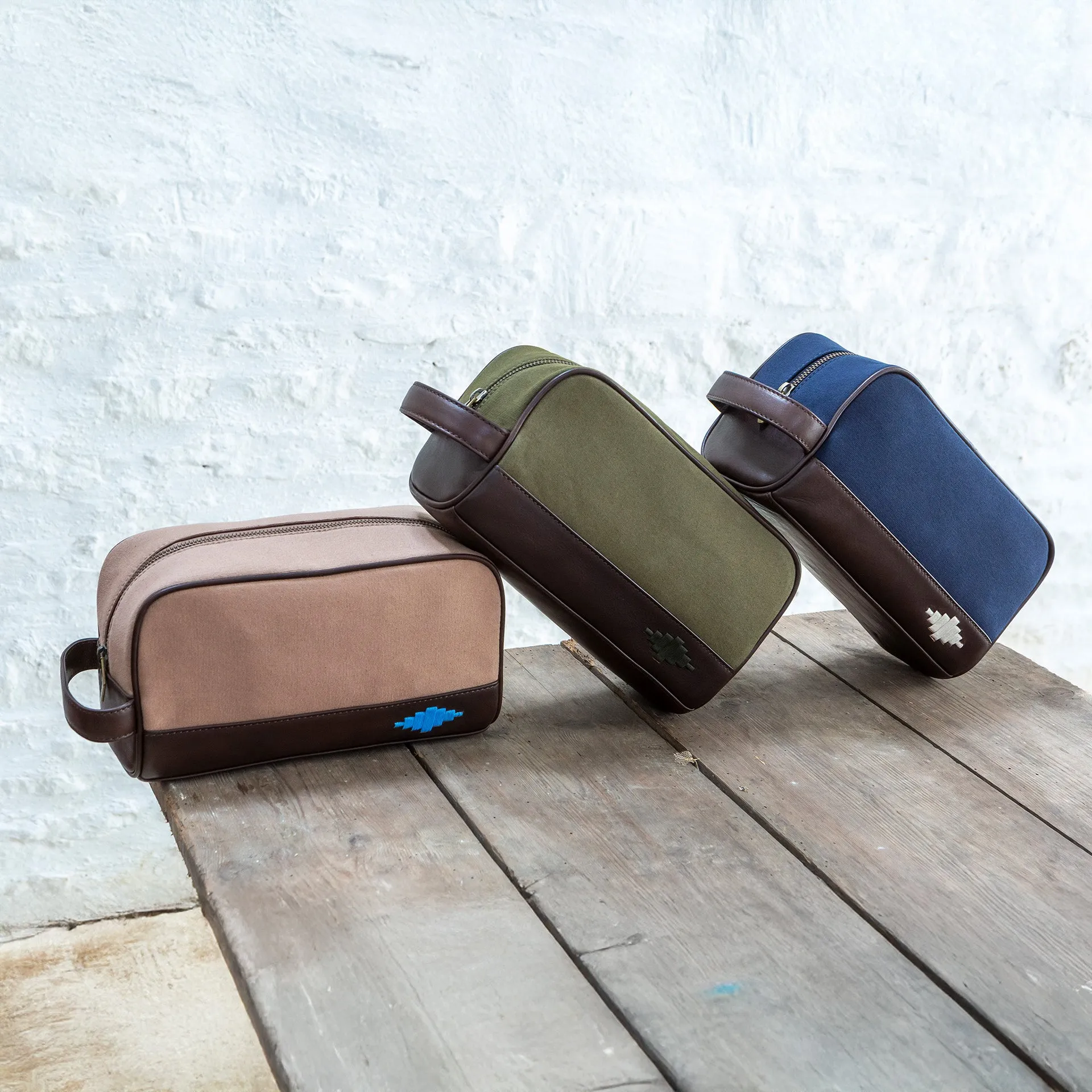 Hombre washbag - brown leather and navy canvas with cream stitching sold by Pampeano product image thumbnail 3