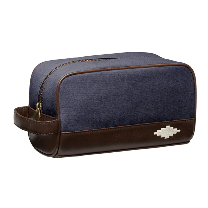 Hombre washbag - brown leather and navy canvas with cream stitching made by Pampeano