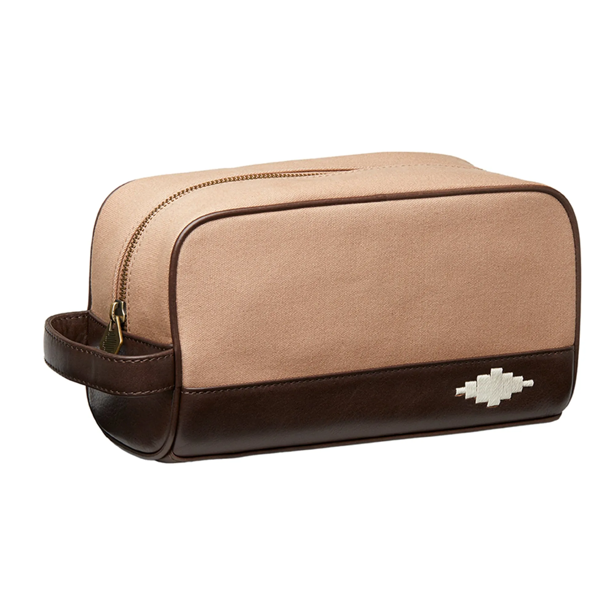 Hombre Washbag - Brown Leather and Sand Canvas with Cream Stitching sold by Pampeano