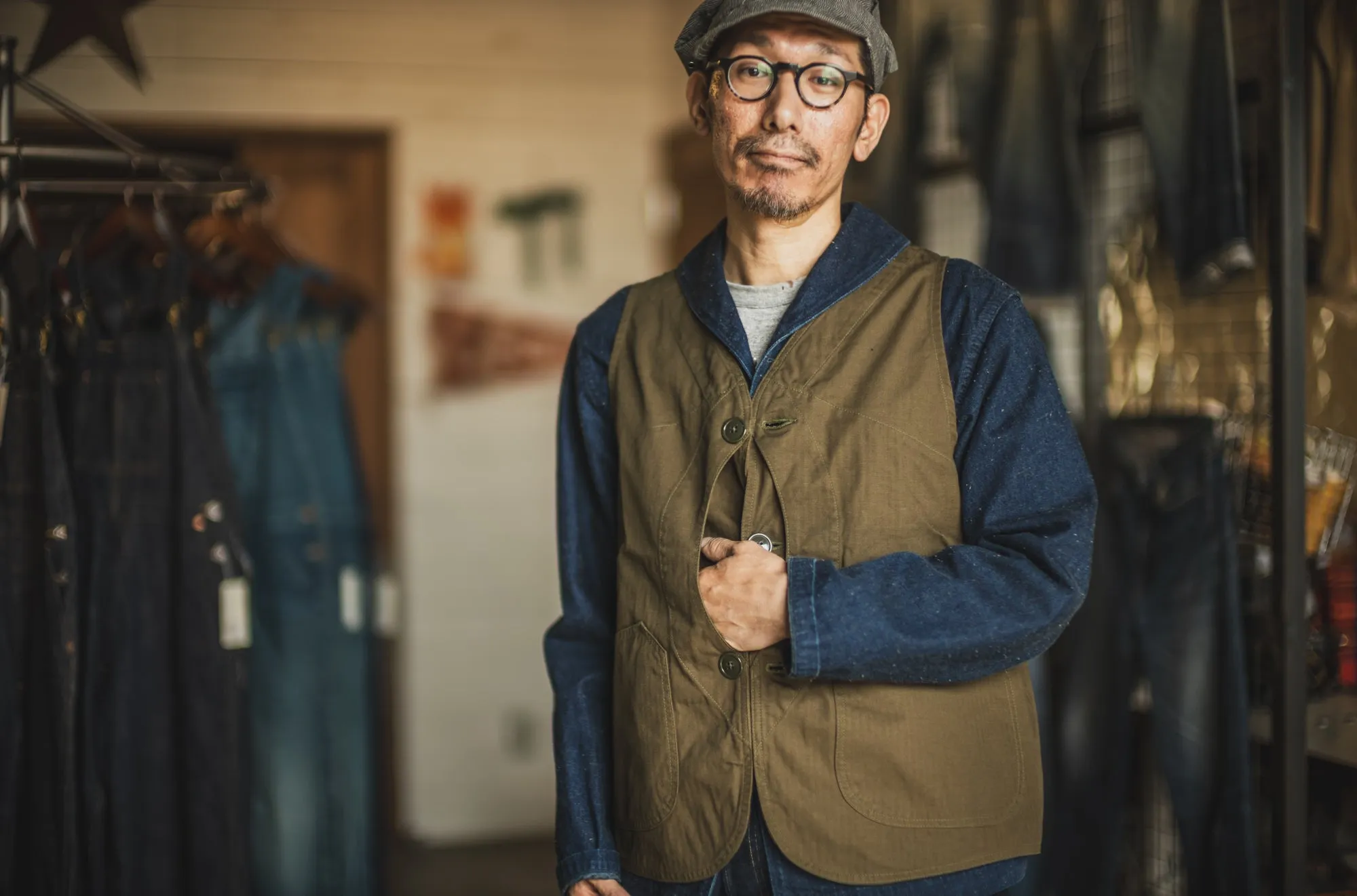 Huntsman Vest Neppy Green Herringbone sold by TCB Jeans