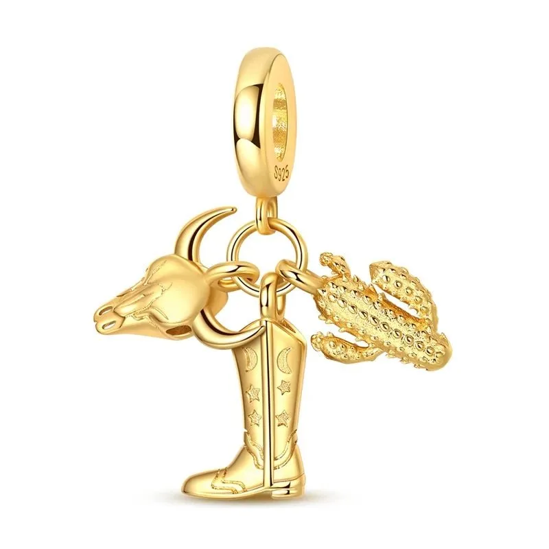 Western Cowboy Boot, Bull Skull & Cactus Dangle Charm sold by Pangama Jewelry