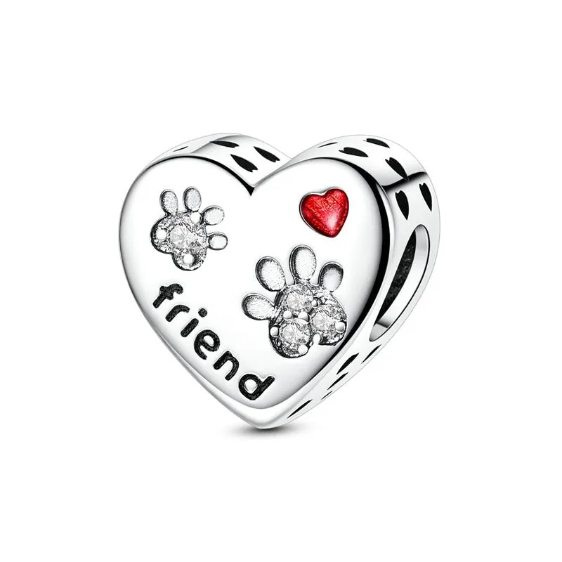 Crystal Paw Print “Friend” Heart Charm made by Pangama Jewelry