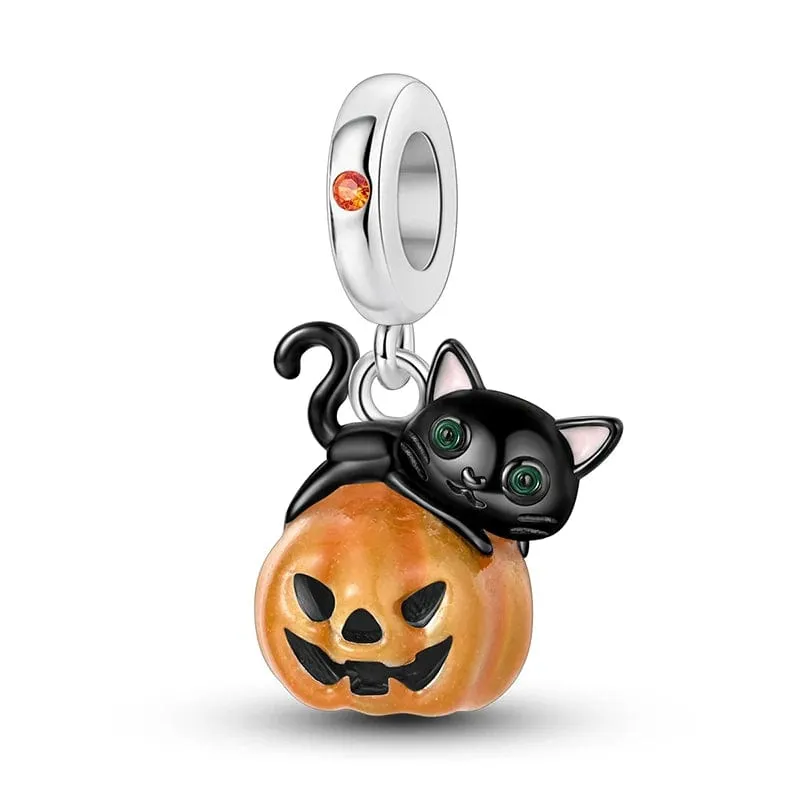 Black Cat on Pumpkin Dangle Charm made by Pangama Jewelry