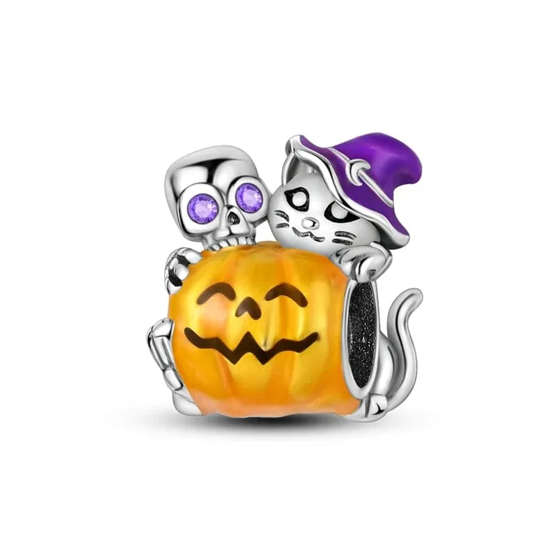 Skeleton & Witch Cat on Pumpkin Charm made by Pangama Jewelry