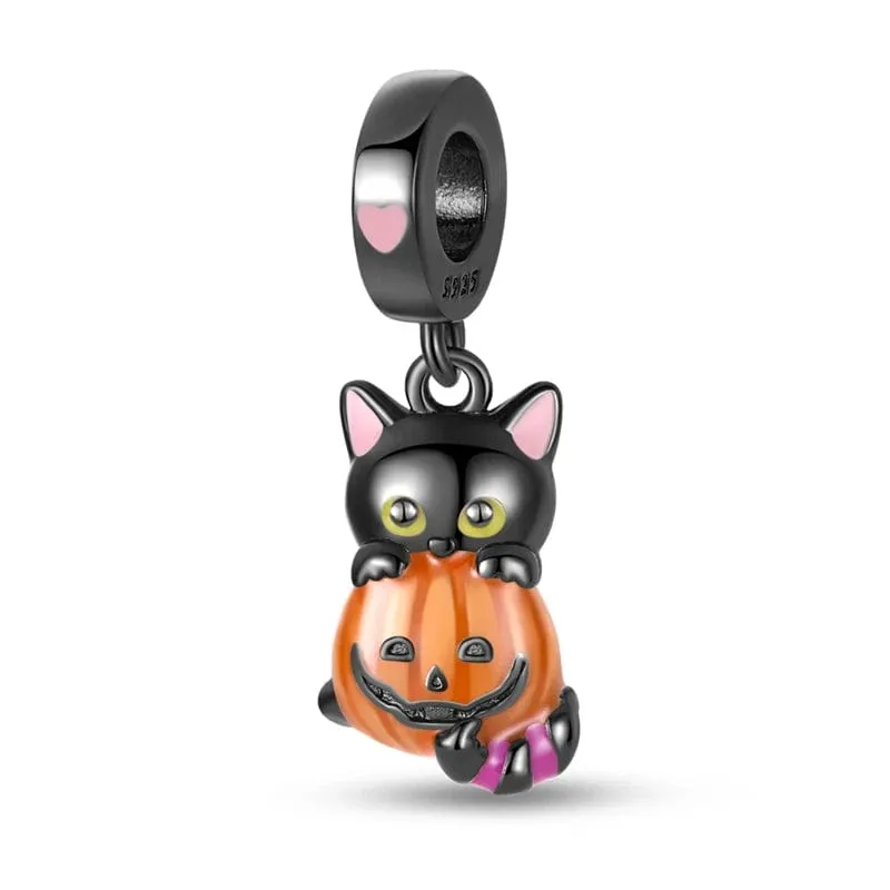 Glow in the Dark Luminous Cat with Pumpkin Dangle Charm made by Pangama Jewelry