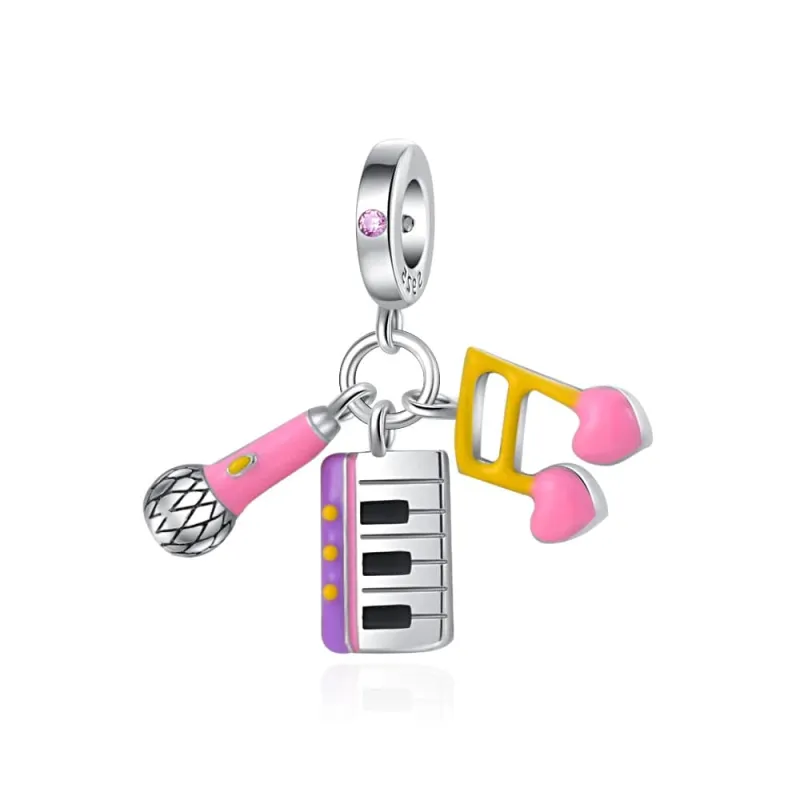 Microphone Piano and Note Music Triple Dangle Charm made by Pangama Jewelry