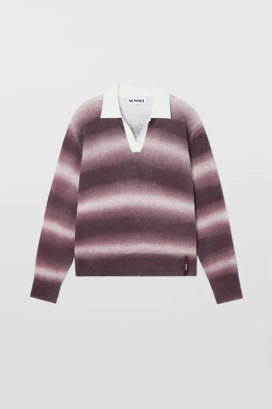 STRIPED KNIT LONGSLEEVE POLO / burnt aubergine & off white sold by Sunnei