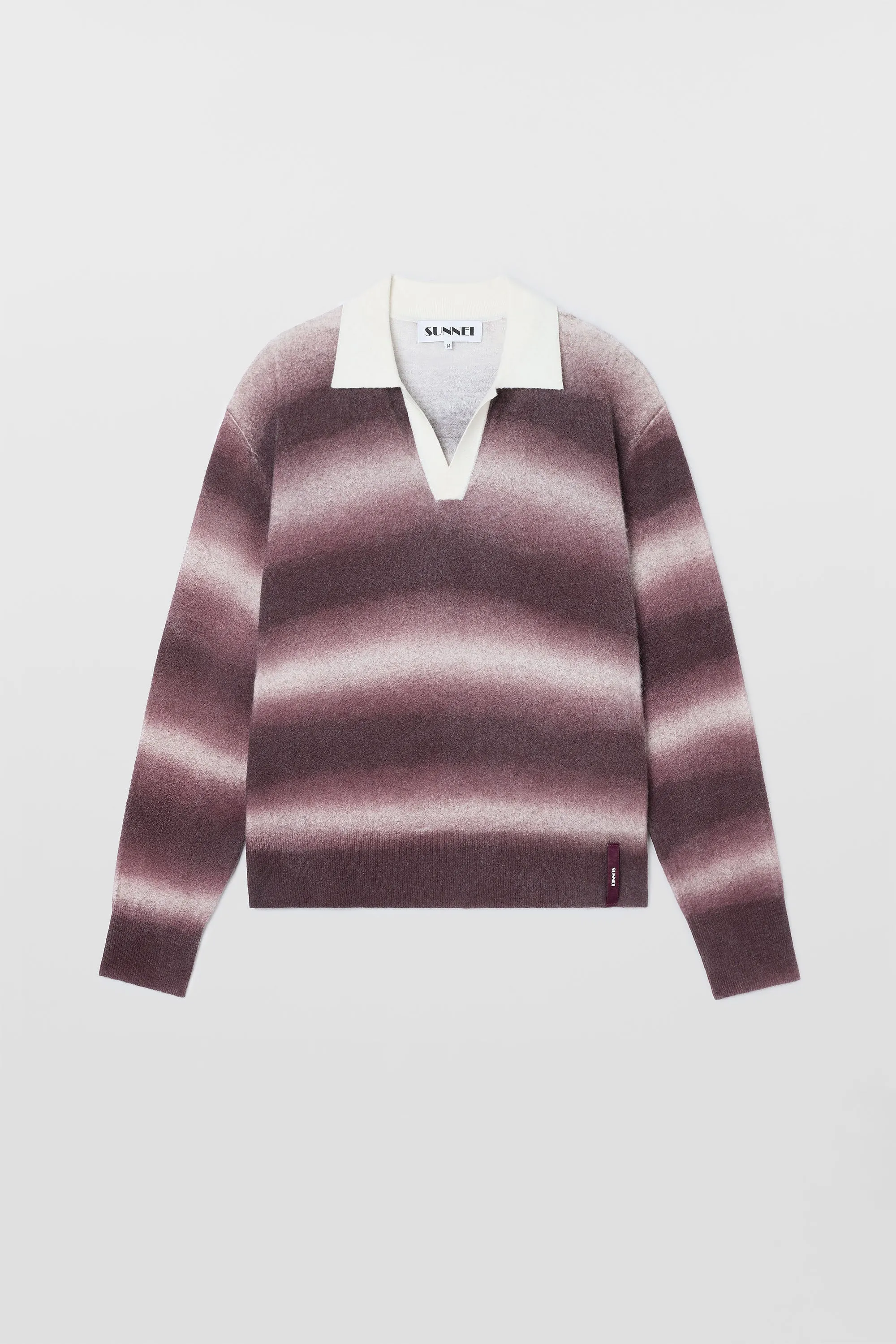 STRIPED KNIT LONGSLEEVE POLO / burnt aubergine & off white sold by Sunnei