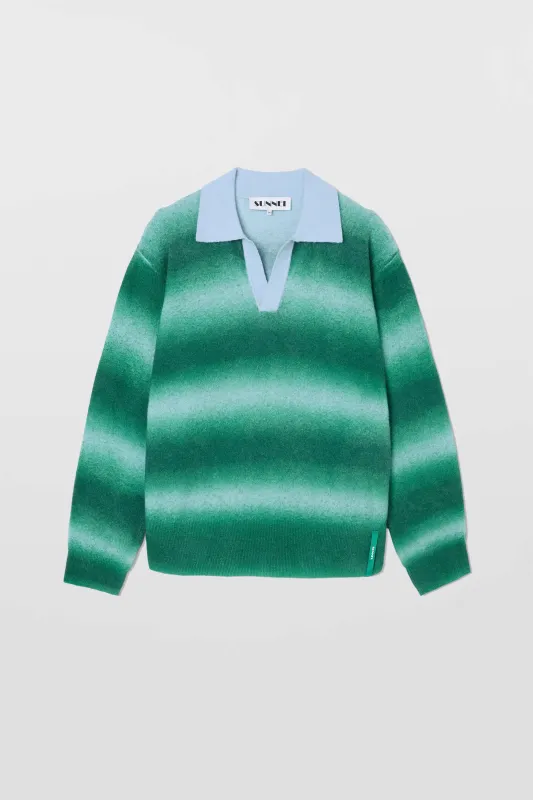 STRIPED KNIT LONGSLEEVE POLO / green & alice blue sold by Sunnei